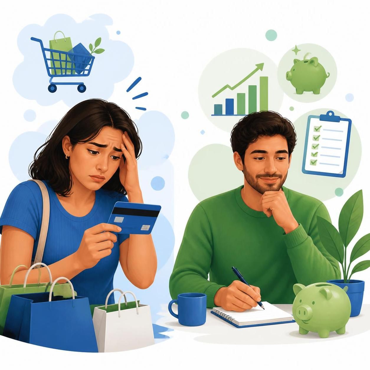 Comparação visual entre compra por impulso e decisão planejada